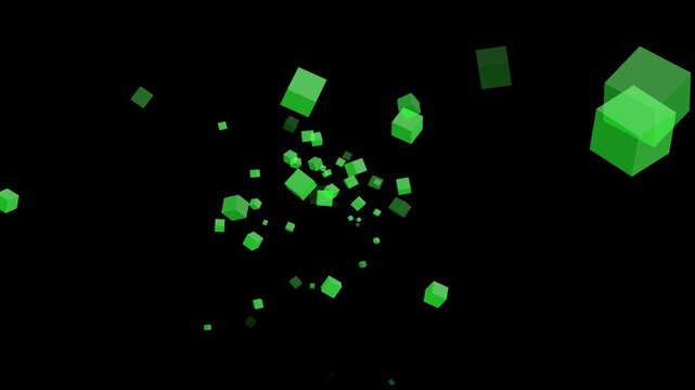 Abstract 3D Green Cubes Floating Animation on Black Background