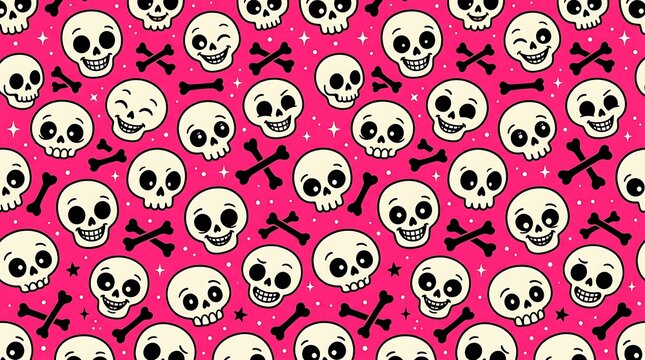 Playful skulls and bones pattern on bright pink background