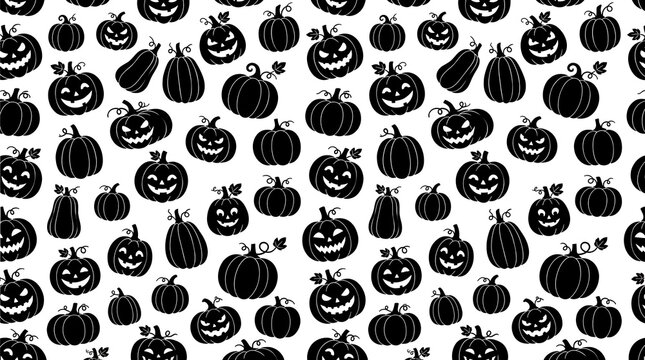 Seamless pattern of spooky black pumpkins on white background