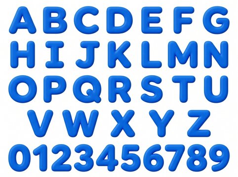 Soft dark cyan 3D clay plasticine capital letters A to Z and numbers 0 to 9 in a clean five-row grid on white background. Minimal monochrome