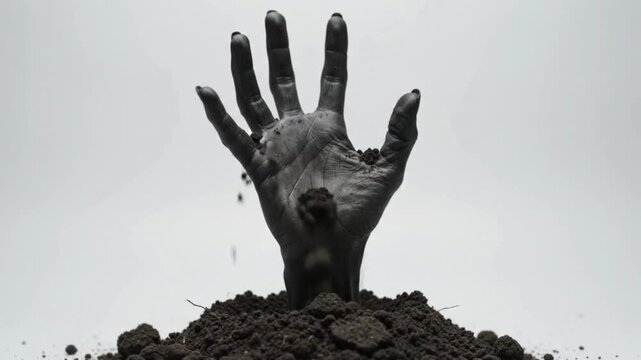 A spooky human finger emerging from a pile of dark soil isolated on a white background for halloween themes