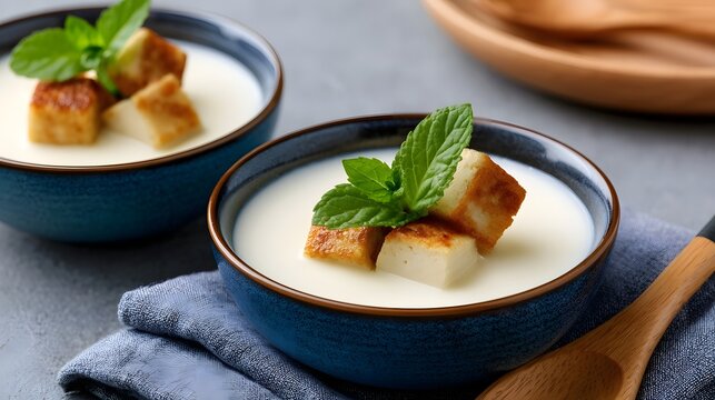 Two bowls of creamy white pudding topped with golden brown tofu cubes and fresh mint leaves on a gray surface