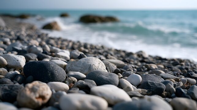 A close up view of smooth pebbles on a beach with gentle waves rolling in under soft daylight