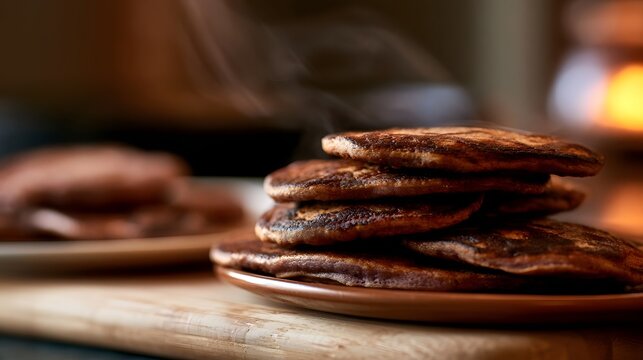 Stack of golden brown pancakes with gentle steam rising  resting on a wooden surface under warm ambient lighting