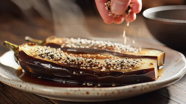 Chef sprinkling sesame seeds on hot roasted miso glazed eggplant halves served on a ceramic plate