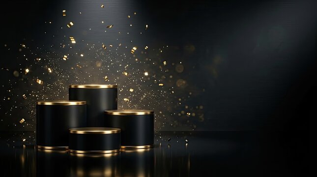 Black friday podium stand display product stage with gold trim and floating glitter particles on dark background product presentation platform confetti promotion cylinder