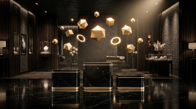 Black friday luxury interior showcase with dark marble pedestals and floating golden geometric shapes under soft lighting marble pedestal geometric shape floating object