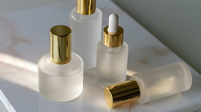 Frosted glass bottles with gold caps arranged on a marble surface under soft natural light
