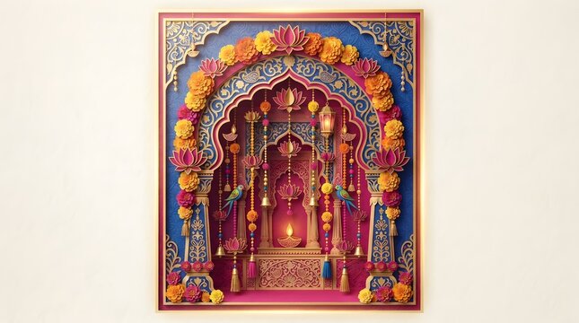 Intricate 3d papercut style diwali frame featuring lotus flowers, marigolds, hanging bells, and traditional archway design on a soft background