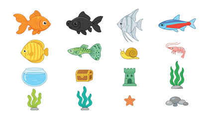 Obraz premium Aquarium Fish and Underwater Decoration Vector Element Set Featuring Goldfish Guppy Angelfish Snail Shrimp Seaweed and Treasure Chest for Pet Shop Graphic Designs