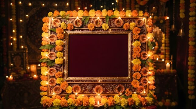 Festive diwali frame decorated with traditional marigold flowers and glowing oil lamps, creating a warm and inviting background for celebration greetings