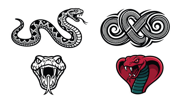 Aggressive Snake Mascot Set Featuring Red Cobra Head, Open Mouth Viper Strike, Tribal Infinity Serpent, and Slithering Python Vector Illustrations