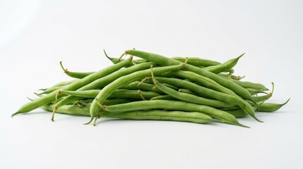 Fototapeta premium Fresh Organic Green Beans Pile Isolated on White Background - Healthy Raw String Beans for Cooking and Nutrition