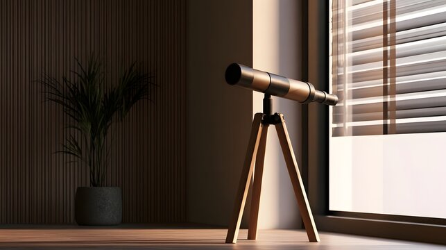 A telescope on a wooden tr stands near a window with blinds  casting soft light on a potted plant in a modern interior