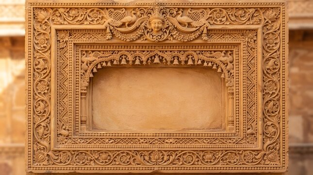 Intricate stone carving of a traditional indian architectural frame with floral patterns and peacock motifs, showcasing exquisite craftsmanship