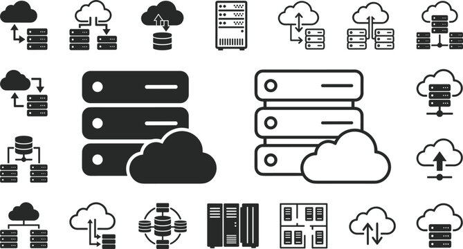Flat Line and Solid Glyph Cloud Database Computing Mainframe and Network Data Storage Icon Set Isolated on White Background