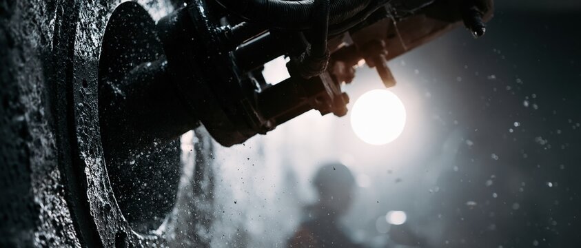 A close-up horizontal shot of a powerful wet core drilling machine boring a large hole into a concrete structure with water droplets, featuring a blurred worker in a dark industrial tunnel.