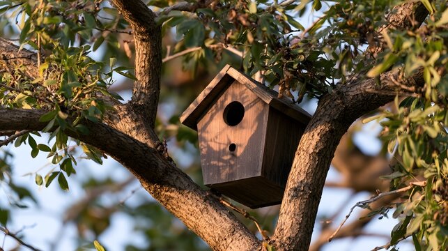 A wooden birdhouse nestled among tree branches with green leaves and soft sunlight filtering through