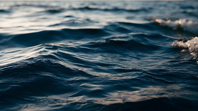 Calm ocean waves ripple under soft late afternoon light  creating a serene and textured water surface with gentle motion