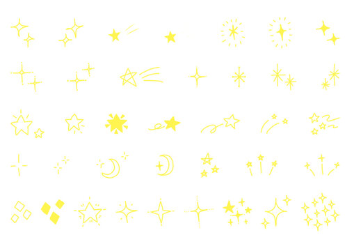 Hand drawn yellow sparkling stars and moon vector set