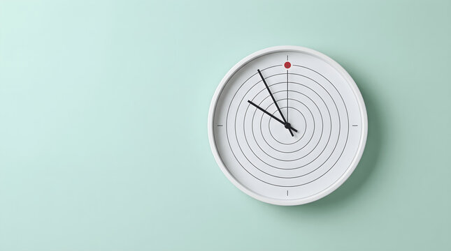 Minimalist white wall clock with concentric circles design on pastel green background representing time management