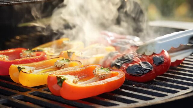Fresh red and yellow bell peppers grilling on outdoor barbecue with smoke and tongs