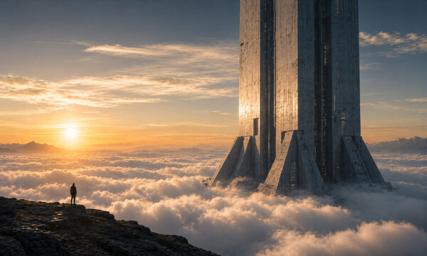 Colossal Futuristic Megastructure Rising Above Clouds at Sunrise with Human Scale, Giant Sci Fi Tower Over Mountain Landscape in Epic Visionary Future World