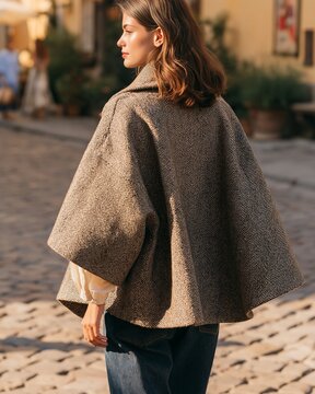 Woman in herringbone tweed cape stands on cobblestone street, showcasing stylish outerwear with a relaxed fit and natural light illuminating the scene