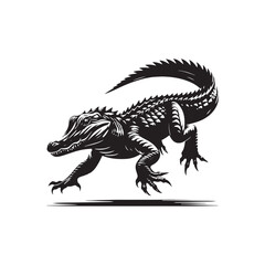 Fototapeta premium Alligator Vector Silhouette, Black Reptile Wildlife Illustration, Crocodilian Animal Profile, Swamp Predator Graphic, Isolated Monochrome Nature Design, Printable Artwork. 