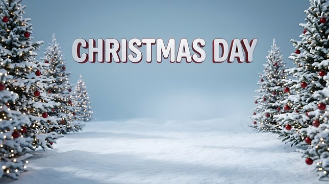 Festive christmas day typography with snowy fir trees and winter landscape