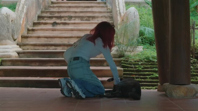 Woman petting resting stray dog beside temple staircase, Female traveler showing kindness to black dog at historic temple courtyard 4k