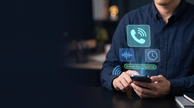 Customer service phone support concept with smartphone call alert sound waves instant availability and rapid response interface for business communication with clean dark copy space