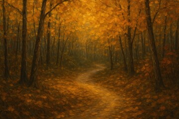 Fototapeta premium Serene autumn forest path painting.