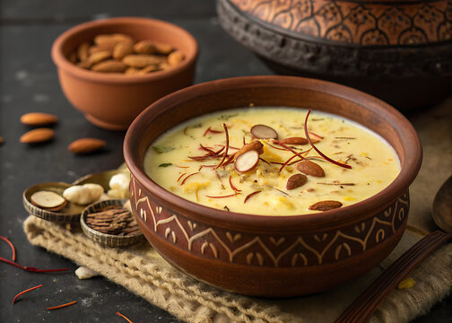 Traditional Indian Basundi, creamy reduced milk dessert with saffron and chopped almond
