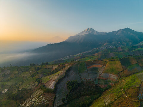 Aerial view of the terraced agricultural fields of Temanggung Regency at sunrise, with a majestic volcano rising above the mist in the background, Indonesia.
