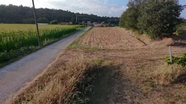 FPV drone footage flying over a green field, cinematic 4K aerial shot