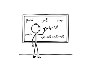 Stick figure teacher writing physics formulas on blackboard doodle isolated on transparent background. For teaching, science, education, classroom lesson, algebra, and research. © Iryna