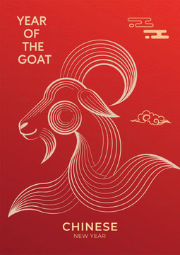 Year of the Goat Chinese New Year Poster Design. Red and gold zodiac animal with ornamental frames, lantern, flowers, firecrackers and festive Chinese decorative elements.