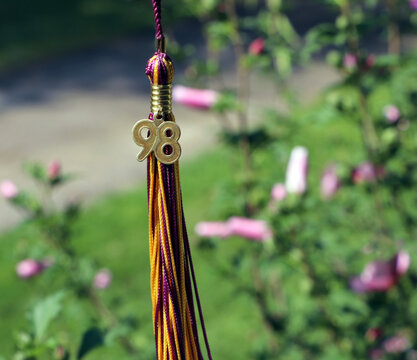 Purple and gold graduation tassel with 98 year charm in garden