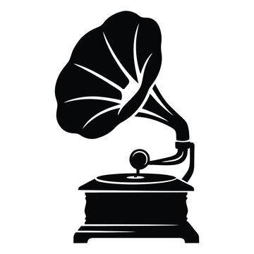 Vintage gramophone with a large horn is depicted in a black silhouette