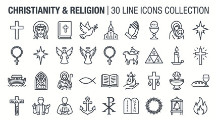 Fototapeta premium Christianity and religion line icons collection, 30 spiritual vector symbols, christian faith and church ministry outline icons set