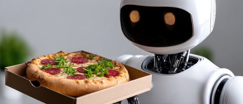 Humanoid robot holds open cardboard pizza box with freshly baked pepperoni pizza in a clean studio setting