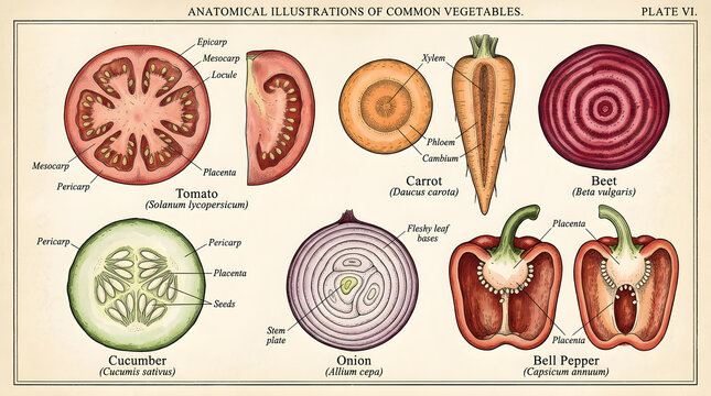 Vintage botanical illustration of sliced vegetables showing internal anatomy and structure.