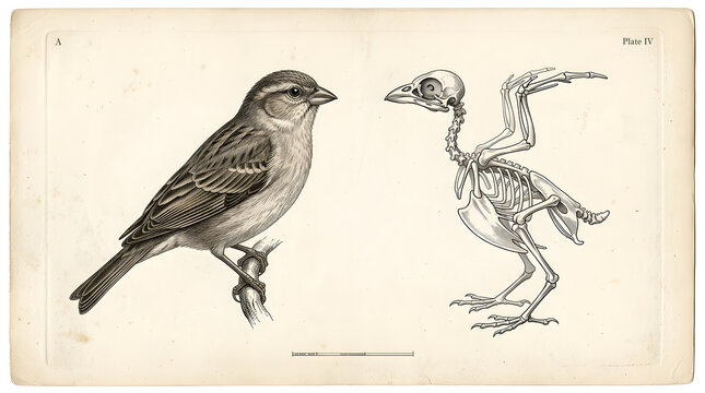 Vintage anatomical study of a songbird and its skeleton in a detailed ink illustration.