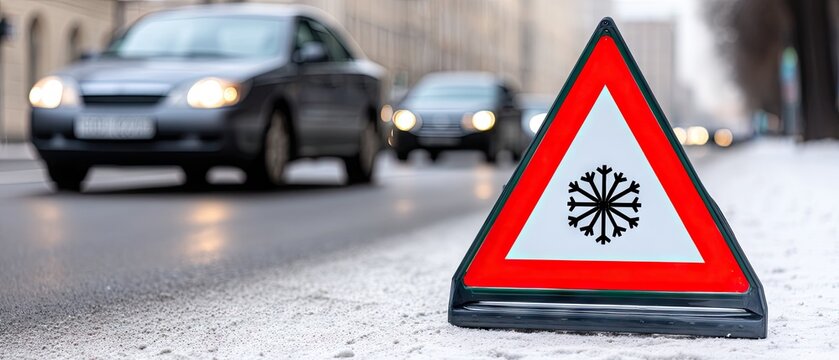 Snow covered warning sign stands beside a road with cars passing by under dim sky and warm lights in the background