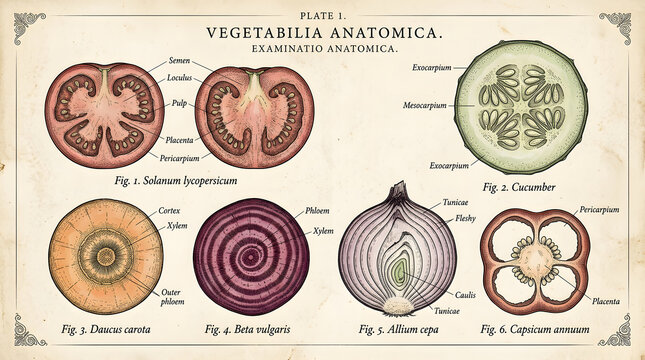 Vintage botanical illustration of sliced vegetables and plant anatomy on aged paper