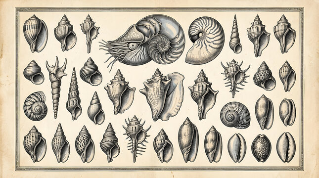 Vintage scientific illustration of various seashells and marine mollusks on aged paper.