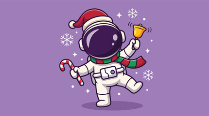 Naklejka premium Cute astronaut celebrating Christmas with candy cane and bell.