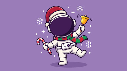 Obraz premium Cute Astronaut Character Celebrating Christmas with Santa Hat Candy Cane and Bell Illustration.