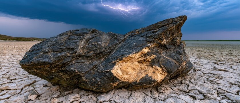 Solitary rock outcrop stands in a desert plain under a thunderstorm with lightning and dark clouds in the sky